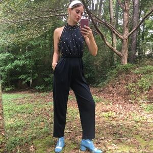 Vintage 1980s Black Halter Stud Pantsuit